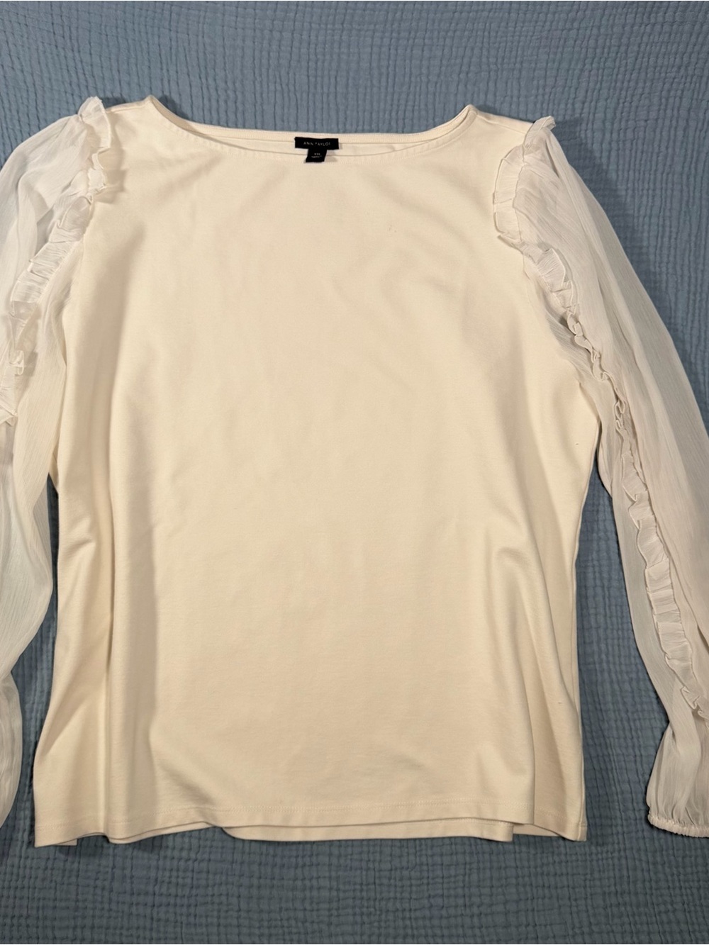 Ann Taylor Ivory Ruffle-Trim Long Sleeve Tee